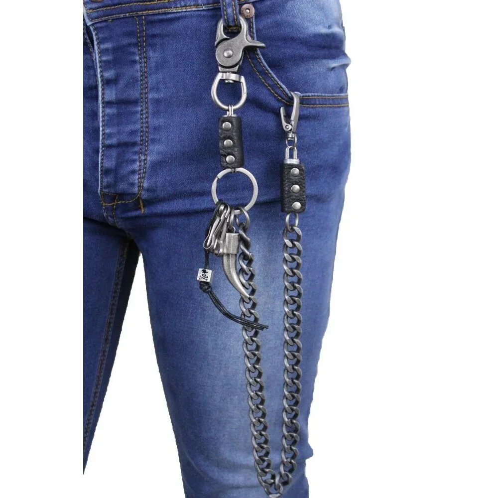 New Men Silver Metal Wallet Chain Bull Long Horn Western Skull Charm Biker Bold
